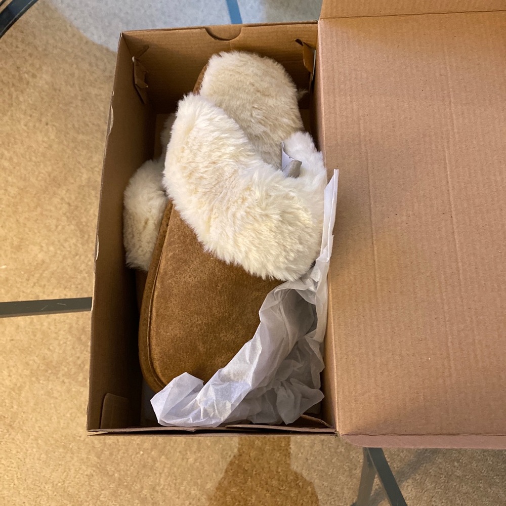 Suede Faux Shearling Slippers, Sz 6-7